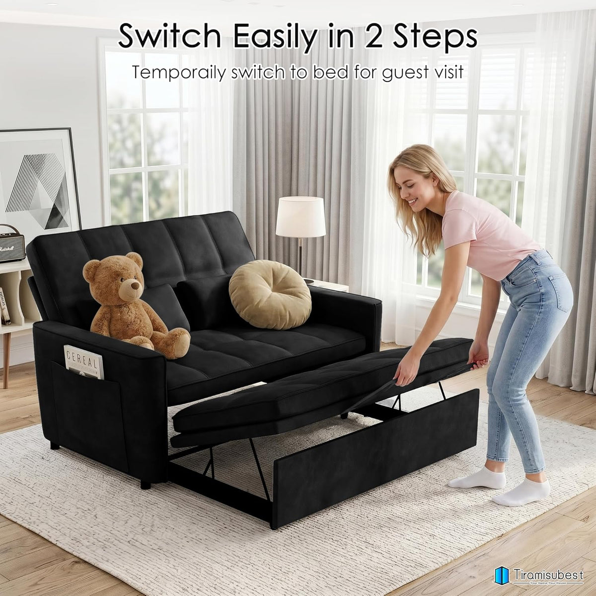 54'' Sleeper Sofa Bed, Convertible Pull Out Couch Futon for for Living Room,Apartment (Black, Loveseat) Side Pockets, Velvet Fabric, Adjustable Backrest, Pull-Out Bed, Easy Assembly