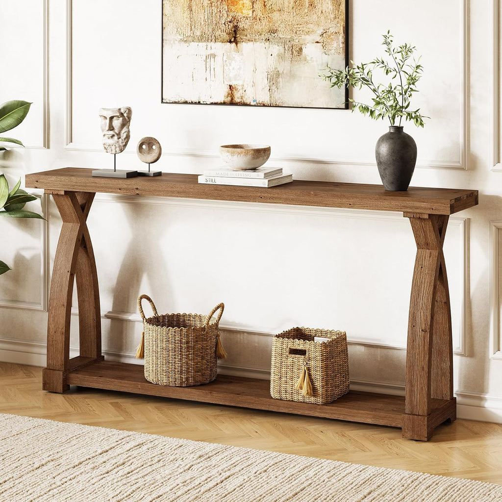 Solid Wood Console Table for Entryway, 63-Inch Narrow Farmhouse Couch Table Behind Sofa with 2-Tier Storage for Entrance, Foyer, Living Room, Long, Dark Brown