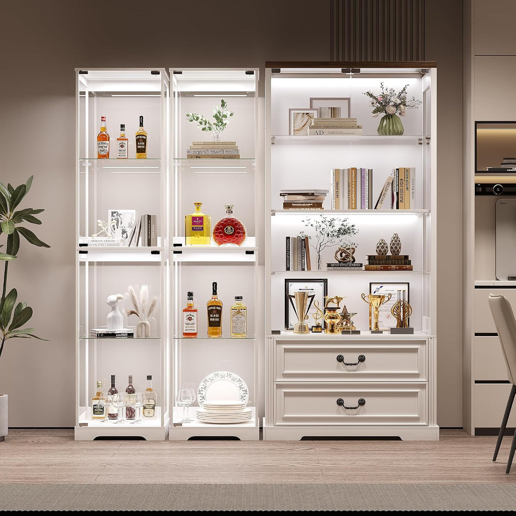 Glass Display Cabinet with Doors, 65" Tall 4-Tier Curio Display Case with 3 Color Lights and Human Body Sensor, Bookcase for Collectibles, White