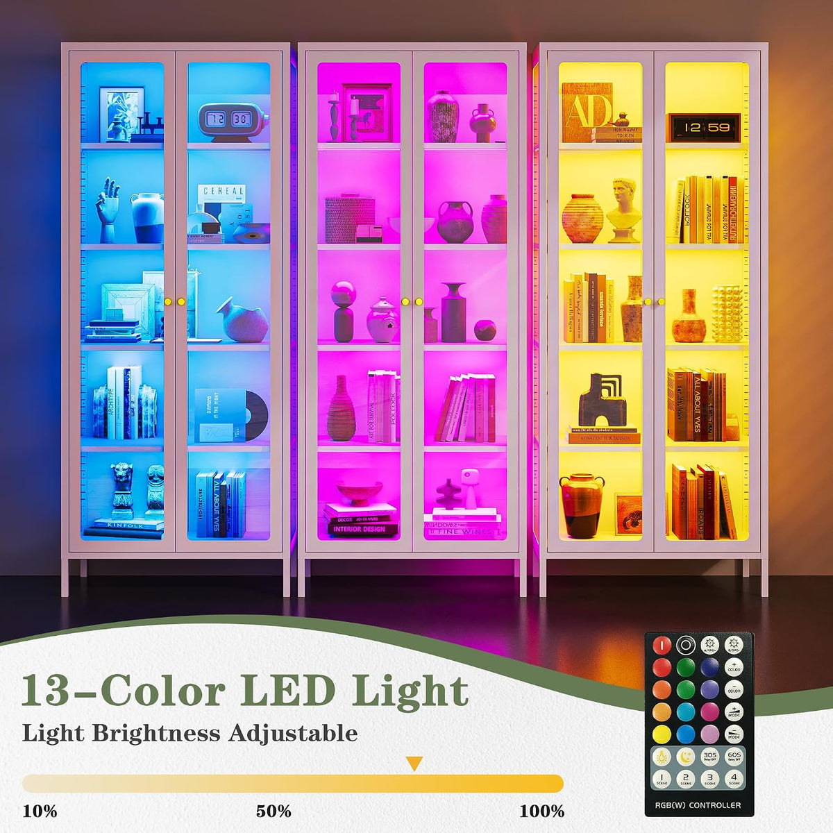Lucky Monet 5-Tier Display Cabinet with 12 Color Lights & Glass Doors, 67" Lighted Curio Cabinet with Adjustable Shelves, Glass Metal Display Case for Collectibles Figures China (White)