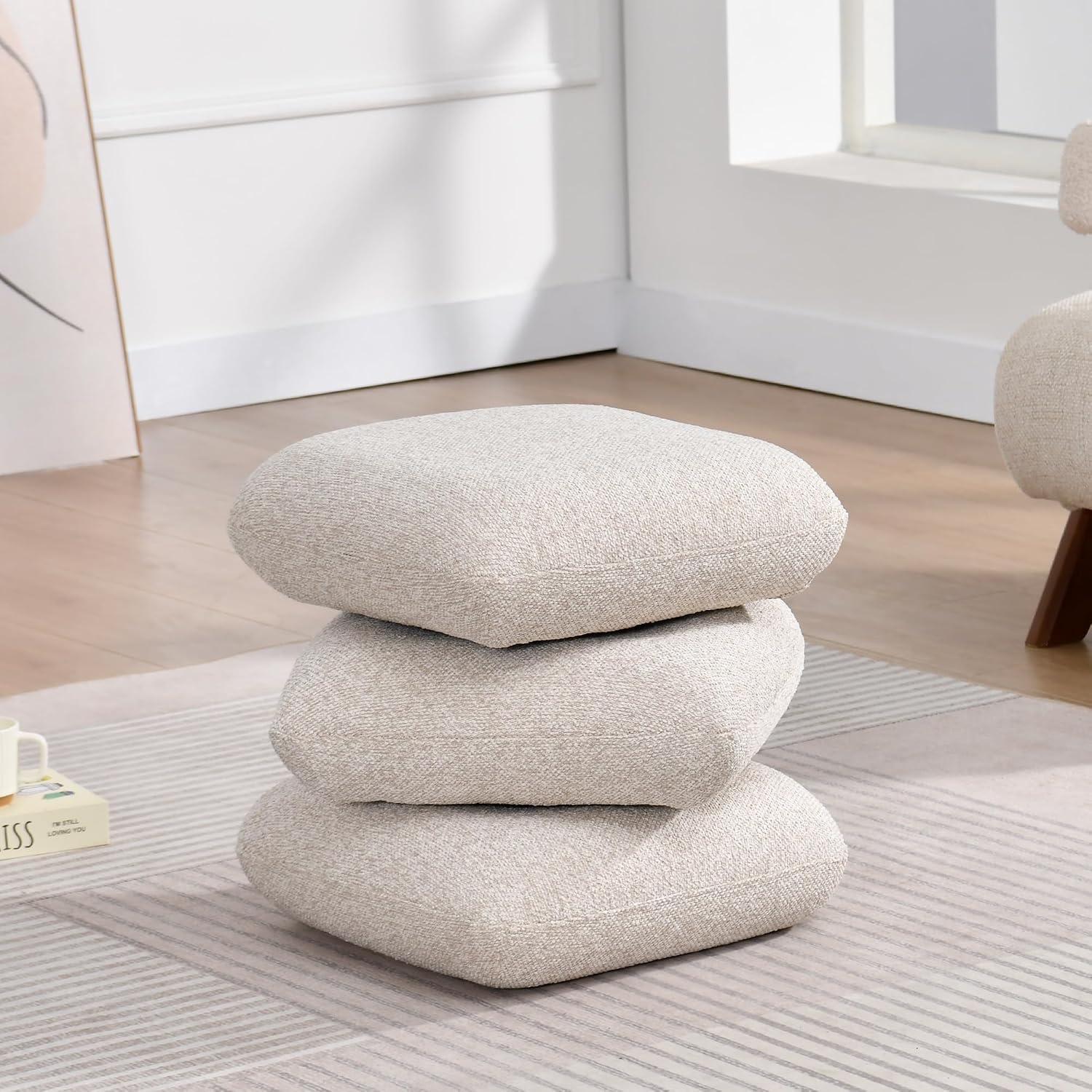 DUHOME 360°Swivel Upholstered Square Ottoman with Storage,Modern Boucle Ottoman Coffee Table with Removable Top White Vanity Stool with Storage for Bedroom, Living Room, Cream