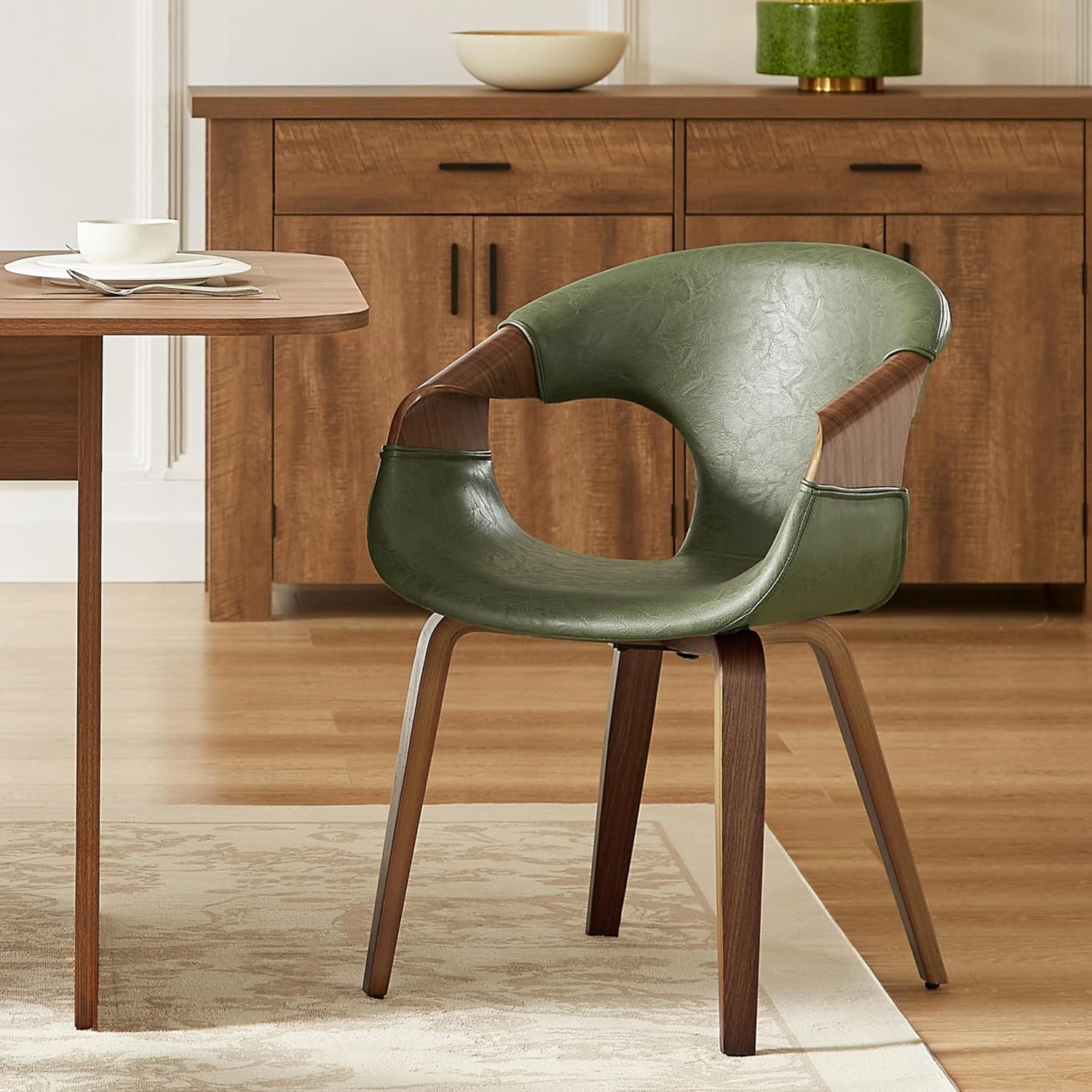 Zouron Mid Century Modern Dining Chair, Faux Leather Armchair with Wooden Legs, Padded Upholstery Accent Desk Chair No Wheels for Living Room Kitchen, Green