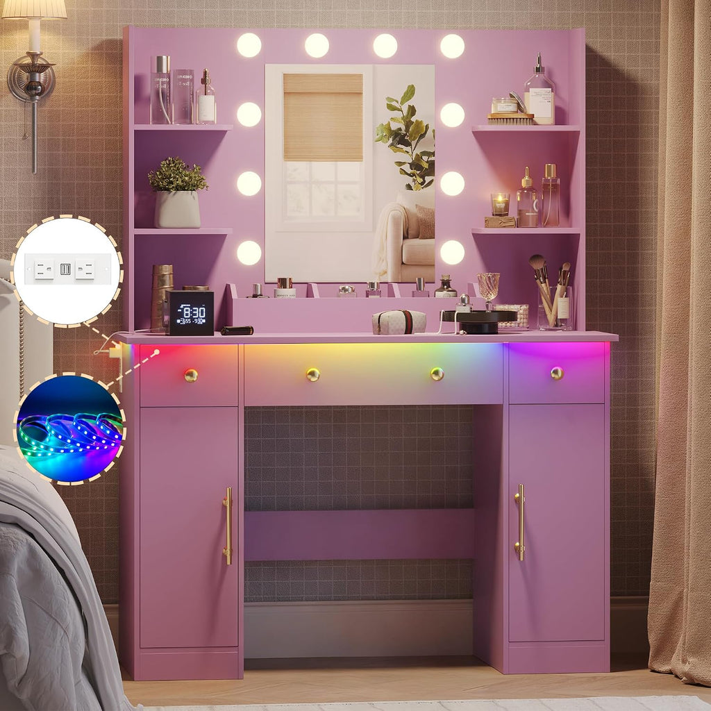 Wodeer Makeup Vanity Desk with Mirror and Lights, 43" Purple Vanity Set with 3 Drawers, Power Outlet & Adjustable RGB LED Lights, Dressing Table with Storage Shelf for Women & Girls Bedroom