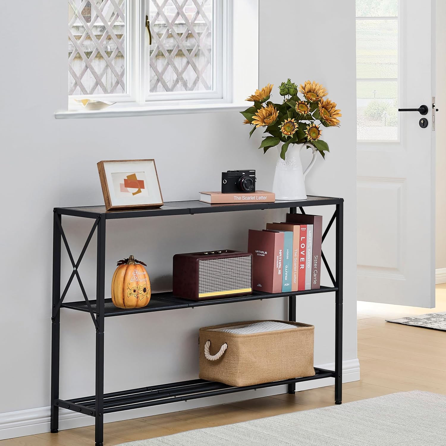 Hoctieon Industrial Console Table, 3 Tier Entryway Table, Hallway Table, Narrow Sofa Table with Shelves, Entrance Table for Entryway, Living Room, Foyer, Hallway, Office, Black