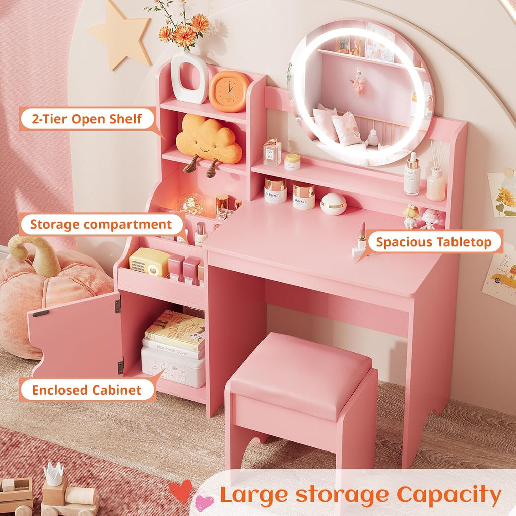 Vabches Kids Vanity with Lights, Toddler Vanity Table and Chair Set | Princess Makeup Vanity Desk with Open Bookshelf, Storage Cabinet & Shelves, Pretend Play Vanity Set for Little Girls, Pink