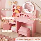 Vabches Kids Vanity with Lights, Toddler Vanity Table and Chair Set | Princess Makeup Vanity Desk with Open Bookshelf, Storage Cabinet & Shelves, Pretend Play Vanity Set for Little Girls, Pink