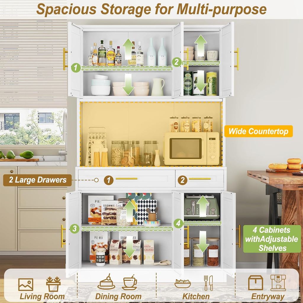 71" Metal Large Pantry Storage Cabinet with Adjustable Shelves,Kitchen Pantry Storage with Drawers,Tall Kitchen Hutch with Countertop for Kitchen,Dining Room and Living Room,White
