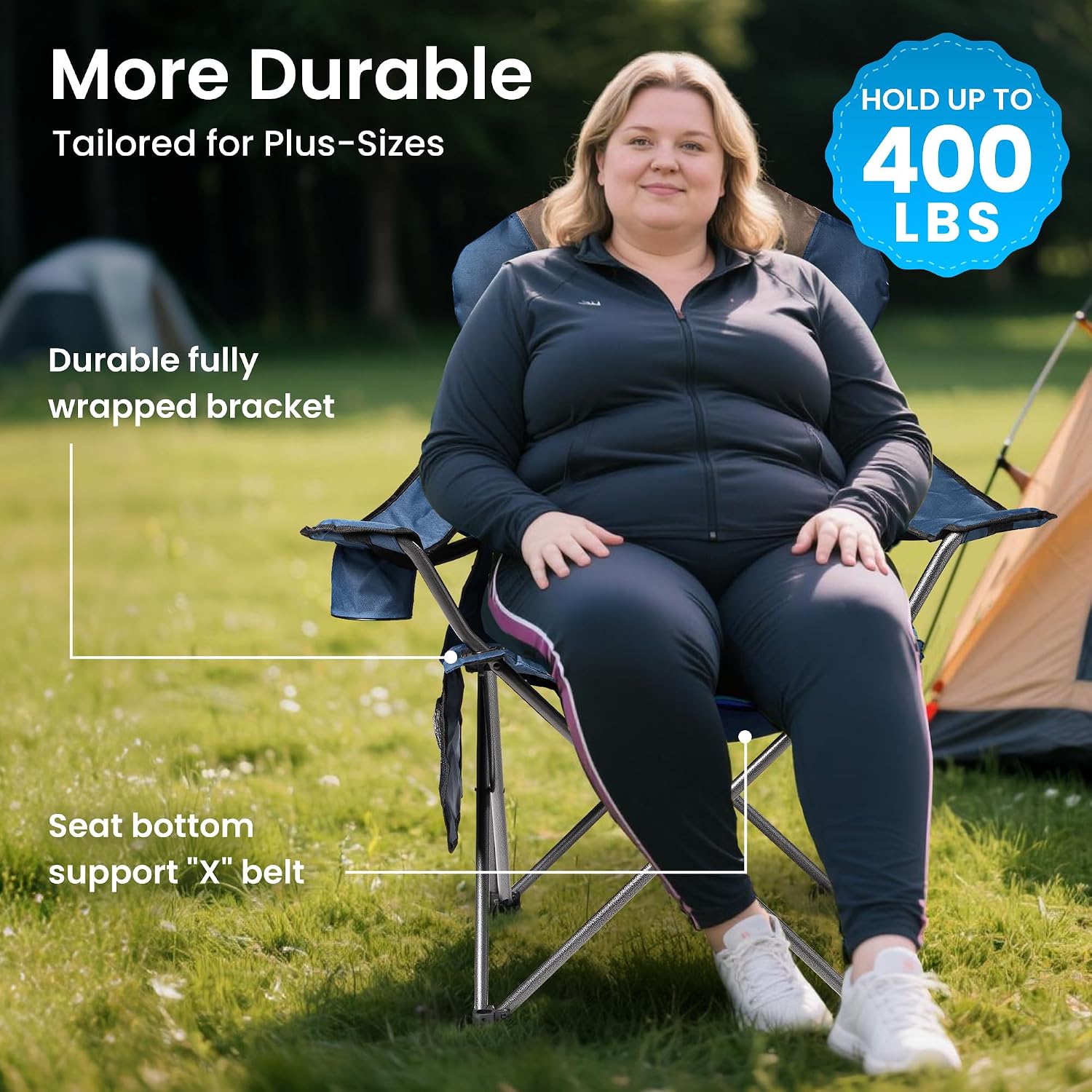 2 Pack Folding Camping Chairs for Adults - High Back Padded Outdoor Lawn Chairs with Lumbar Support & Cup Holder, 400lbs Heavy Duty Portable Camping Chairs Set (Light Blue & Brown, 2 PCS)