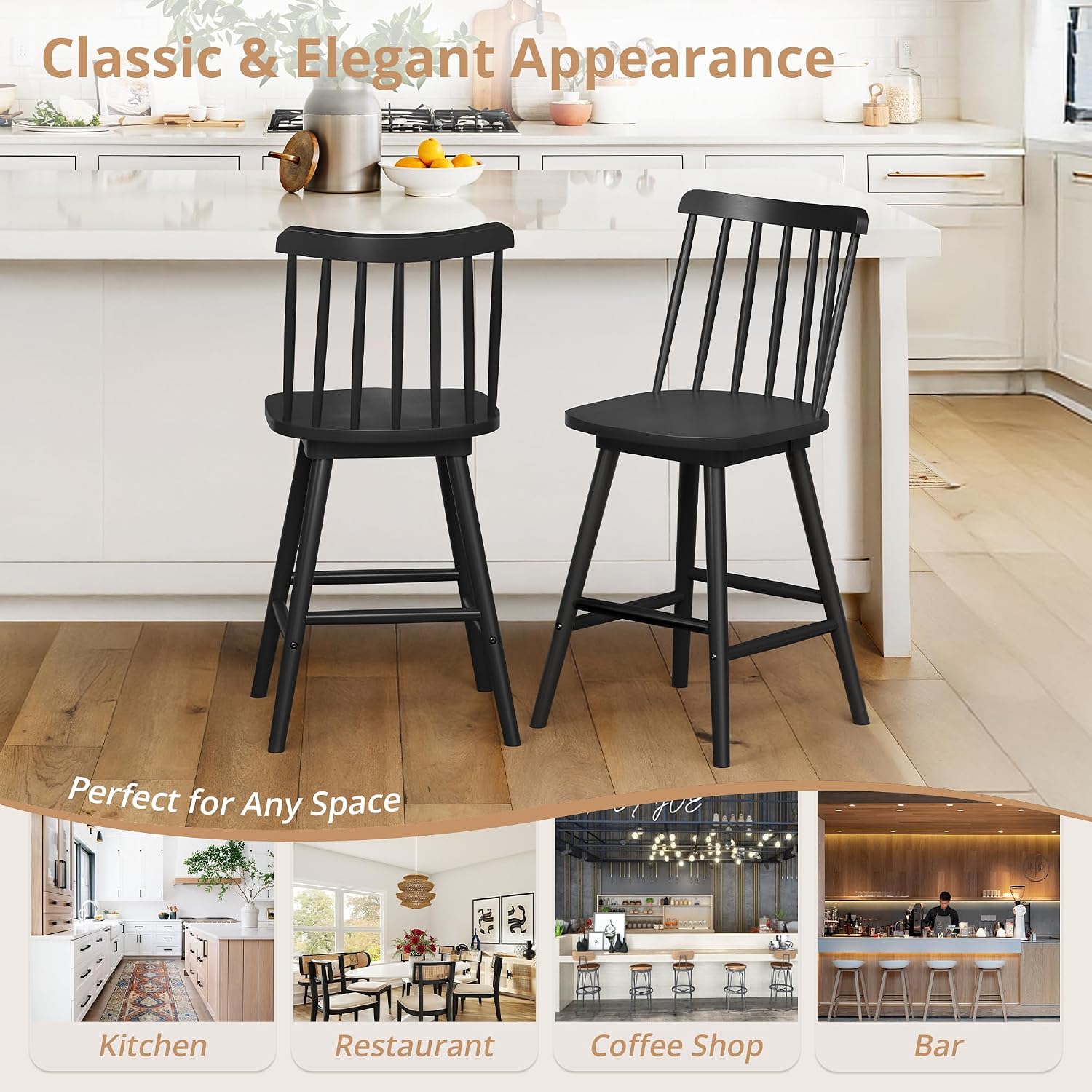 LUE BONA 360° Swivel Bar Stools Set of 3, Black Windsor Barstools, Counter Height Barstool with Spindle Back, 24 inch Farmhouse Wooden Counter Stools for Kitchen Island, Pub, Bistro, Cafe, Dining Room