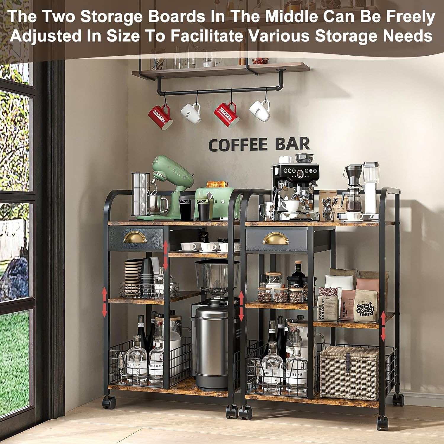 keomaisyto Microwave Cart with Storage, Kitchen Island Cart with Table Top & Drawer, 3 Tier Rolling Utility Cart with Adjustable 2 Storage Shelves, Coffee Bar Shelf for Kitchen/Dining/Living Room