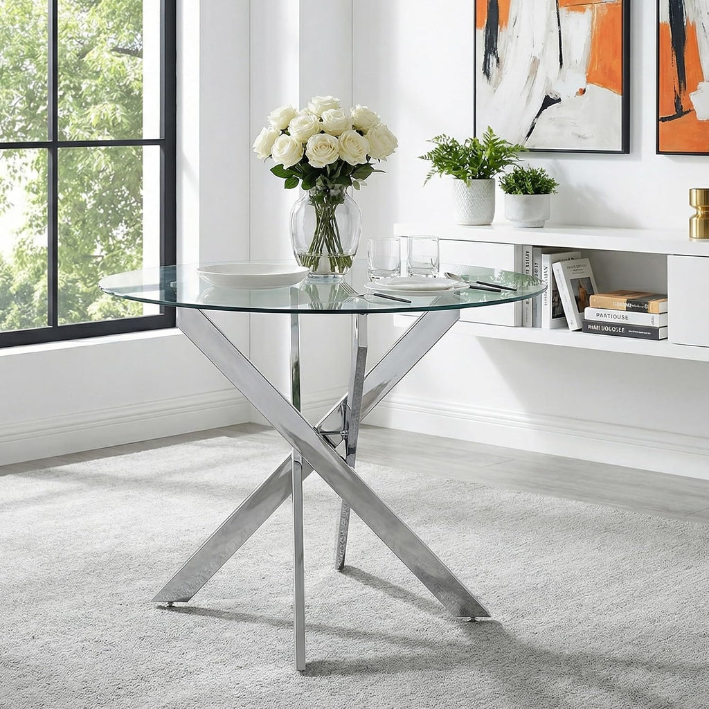 36" Glass Dining Table for 2-4, Round Kitchen Table with Tempered Glass Tabletop and Silver Stainless Steel Legs for Dining Room, Apartment, Small Space