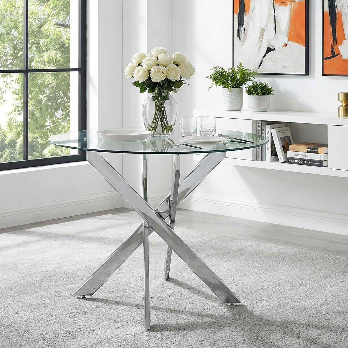 36" Glass Dining Table for 2-4, Round Kitchen Table with Tempered Glass Tabletop and Silver Stainless Steel Legs for Dining Room, Apartment, Small Space