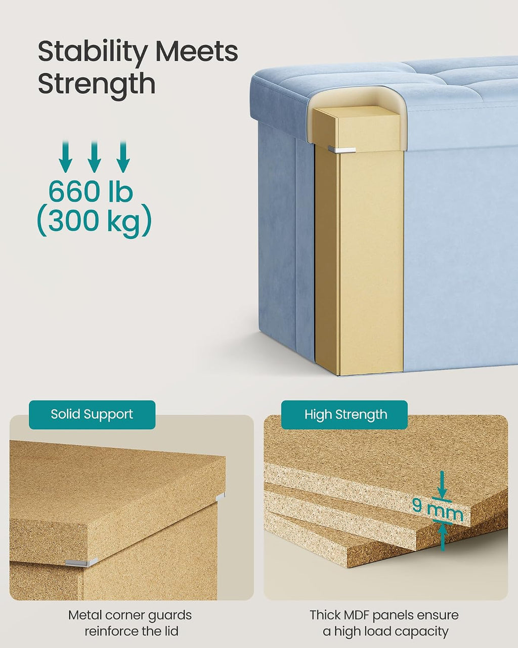 SONGMICS Foldable Storage Ottoman with Flipping Lid, 43.3 Inch Velvet Bench | Coffee Table, Folding Storage Bench for Bedroom, Entryway Shoe Bench, Pale Blue, MINOTA Collection ULSF078QQ03