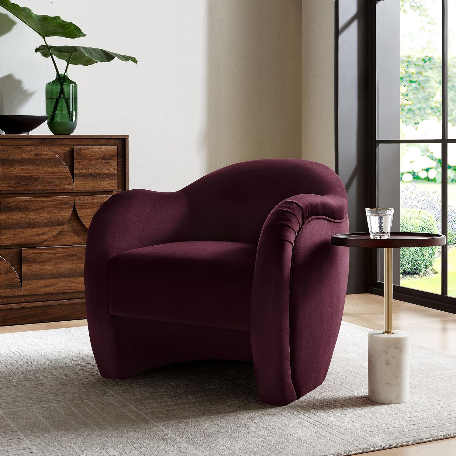 Modway Compose Barrel Chair with Performance Velvet Fabric in Mulberry – Upholstered Accent Armchair with Curved Backrest – Cozy Lounge Chair for Reading – Round Comfy Single Sofa Club Chair