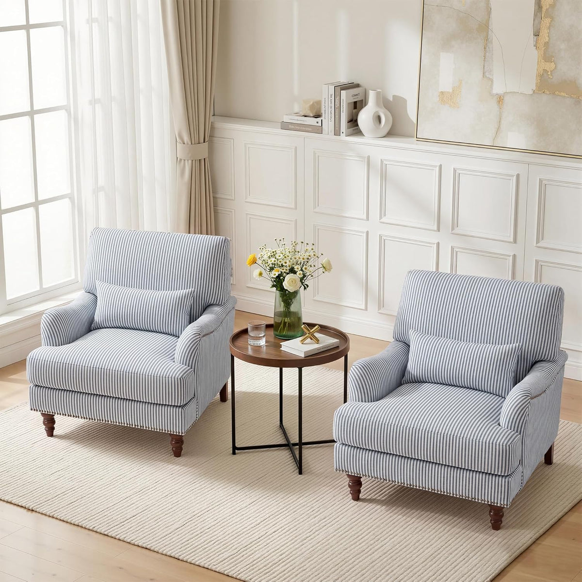Accent Chairs Set of 2, Upholstered Armchair with Nailhead Trim & Solid Wood Legs, Mid Century Modern Club Chair for Living Room/Bedroom/Reading Room, Pinstripe Blue