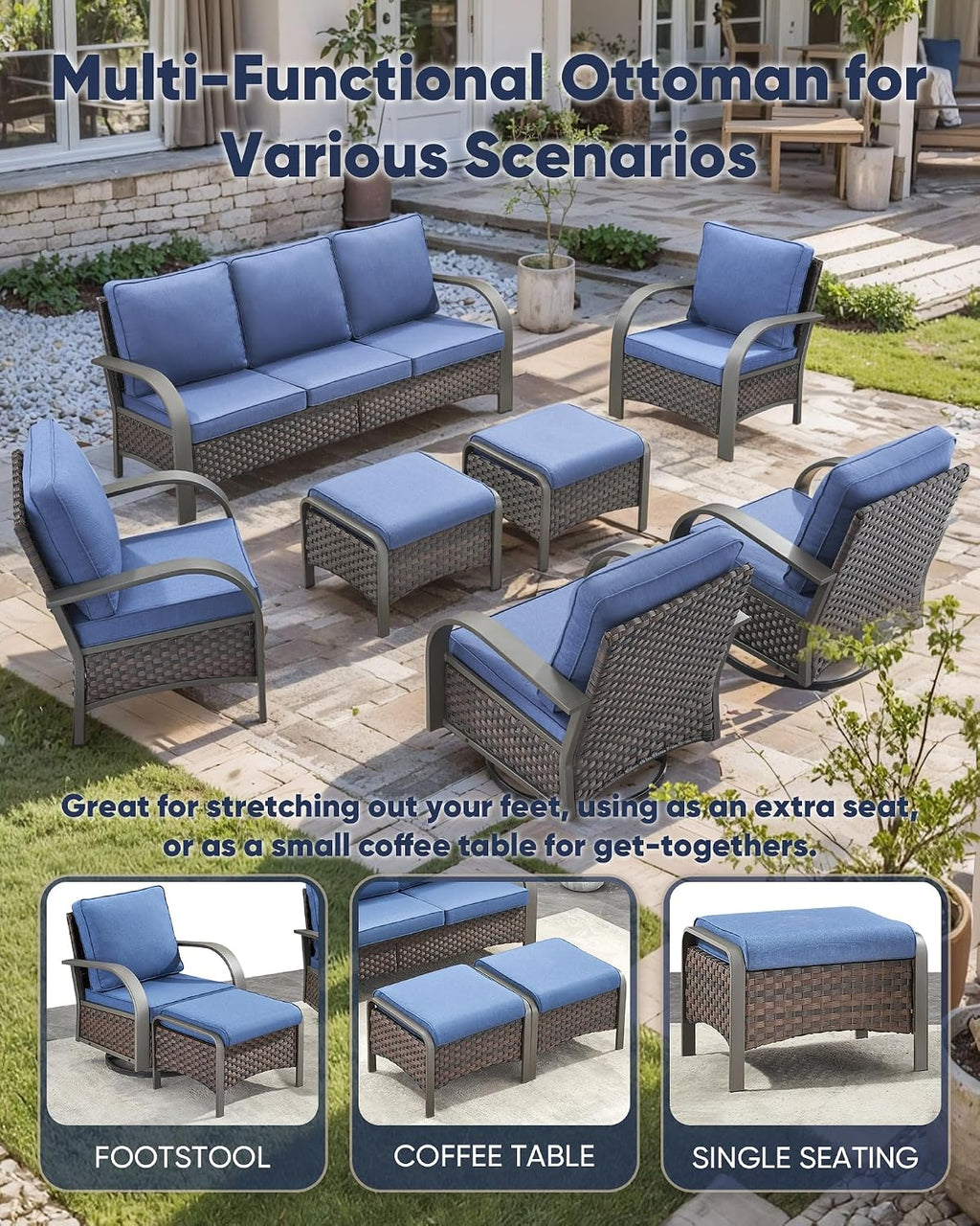 HUMMUH 2 Pieces Outdoor Wicker Ottomans-Outdoor Patio Ottoman with Removable Cushion Outdoor Footstool for Deck Lawn Porch Garden Backyard-Brown/Blue
