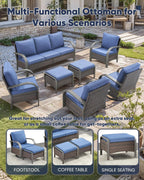 HUMMUH 2 Pieces Outdoor Wicker Ottomans-Outdoor Patio Ottoman with Removable Cushion Outdoor Footstool for Deck Lawn Porch Garden Backyard-Brown/Blue