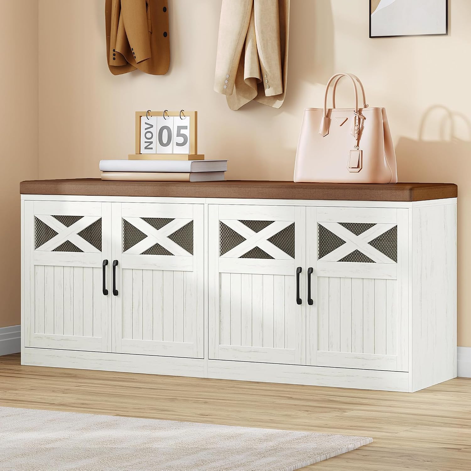 Hzuaneri 47.2" Shoe Storage Bench, Farmhouse Shoe Bench with Cushion & Door | 2-Tier Farmhouse Wooden Storage Bench with Padded Cushion , for Bed end bench, Entryway, Living Room, Rustic White SB61214KA