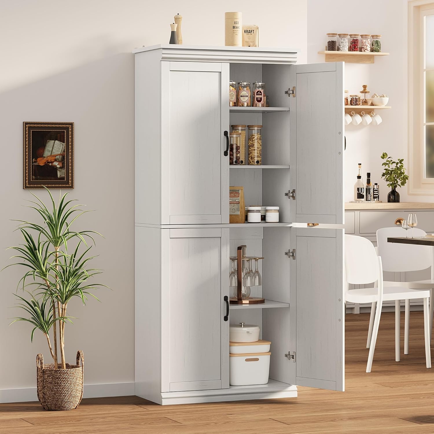 IDEALHOUSE Pantry Cabinet, White 4-Door with Adjustable Shelves, 70" H | Freestanding Cupboard with 5 Interior Compartments, Dining Room, Kitchen, Bathroom, Living Room