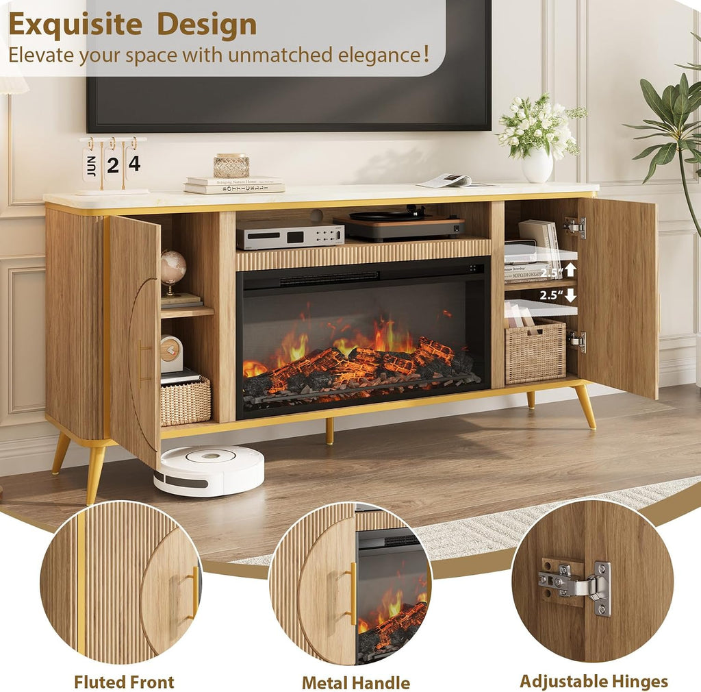 Fluted Fireplace TV Stand Up to 80" TVs, Modern Entertainment Center with 30" Electric Fireplace, Luxury Media Console with Adjustable Shelves for Living Room, Nature Oak
