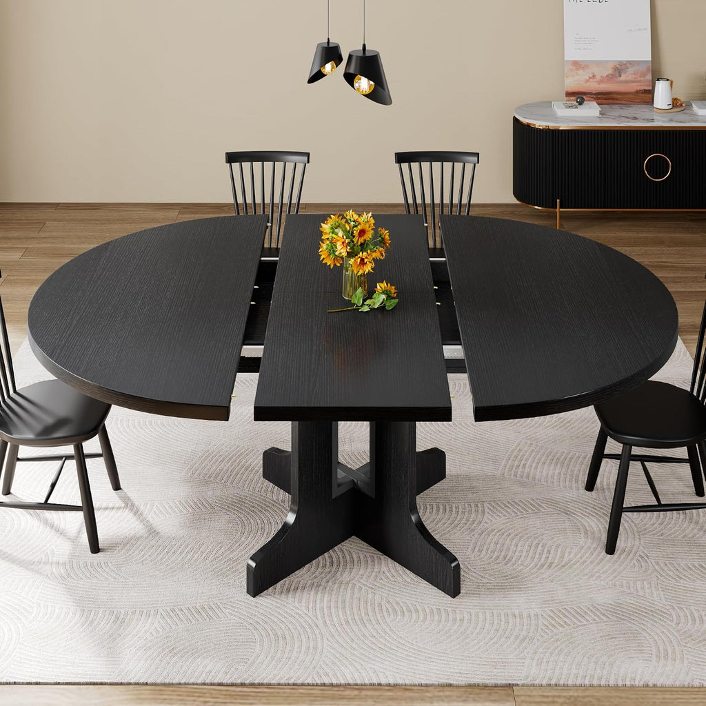 Feonase 43.3-59" Round Extendable Dining Room Table for 4-6, Modern Oval Kitchen Table with Heavy Duty Base, Dining Table for Kitchen Living Room, Easy Assembly, Noise-Free, Matte Black