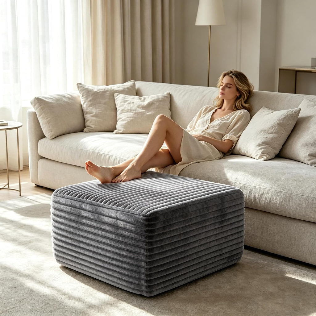 28 Inch Corduroy Square Ottoman Foot Rest, Modular Cloud Sofa Cube Pouf, 250LBS No Assembly Foot Stool for Living Room (Gray)