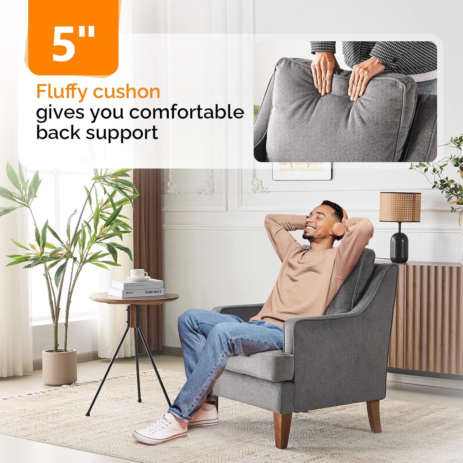 VINGLI Mid-Century Modern Accent Chair, Light Grey Upholstered Armchair Comfy Sofa Chair Reading Chair High Back for Living Room Bedroom Furniture Apartment