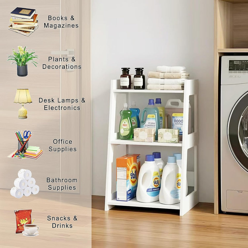 3-Tier Bathroom Ladder Shelf Freestanding, White Floor Shelves Open Shelving Unit, Small Bookshelf Nightstand for Home Study Laundry Room (11.8" D x 15.7" W x 27.6" H)