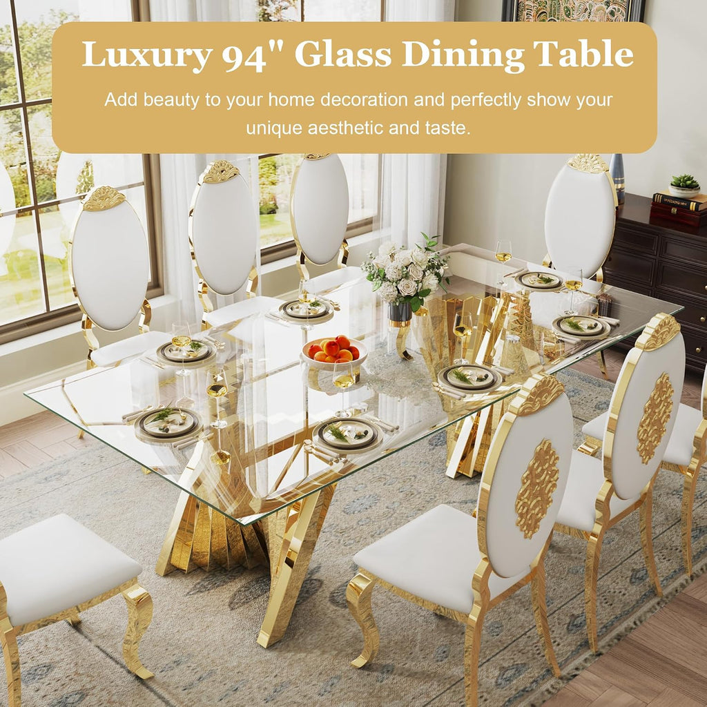 Luxury 94" Glass Dining Table for 8-10 People, Modern Rectangle Tempered Glass Top & Gold Stainless Steel Base, for Dining Room or Kitchen