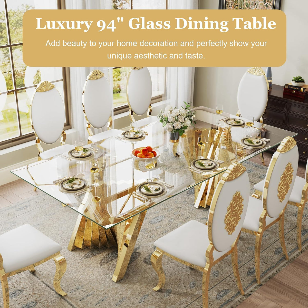 Luxury 94" Glass Dining Table for 8-10 People, Modern Rectangle Tempered Glass Top & Gold Stainless Steel Base, for Dining Room or Kitchen