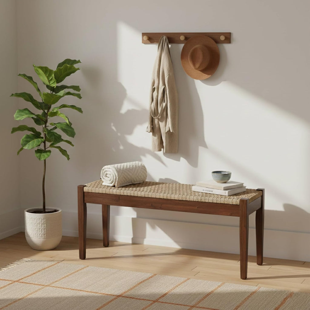 Vintage Entryway Bench, 45 inch Acacia Wood Bench with Woven Rope Seat, Wicker Bench Indoor for Hallway, End of Bed, Rustic Farmhouse Boho Style, Rope Dining Bench (Dark Brown)