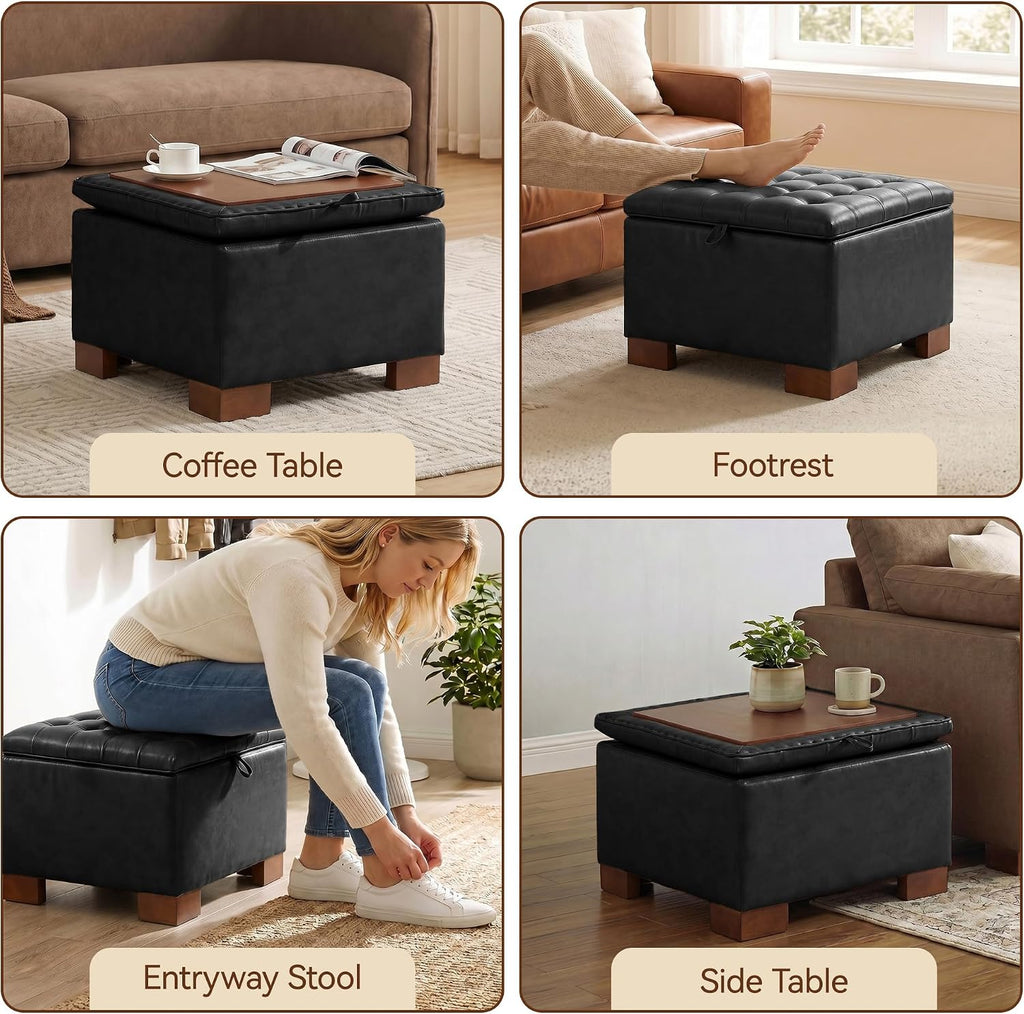 24 Inch Square Storage Ottoman Coffee Table, Modern Tufted Upholstered Ottoman with Flip Tray and Solid Wood Legs, Suitable for Living Rooms, Faux Leather Black