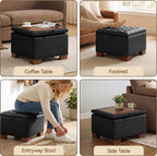 24 Inch Square Storage Ottoman Coffee Table, Modern Tufted Upholstered Ottoman with Flip Tray and Solid Wood Legs, Suitable for Living Rooms, Faux Leather Black