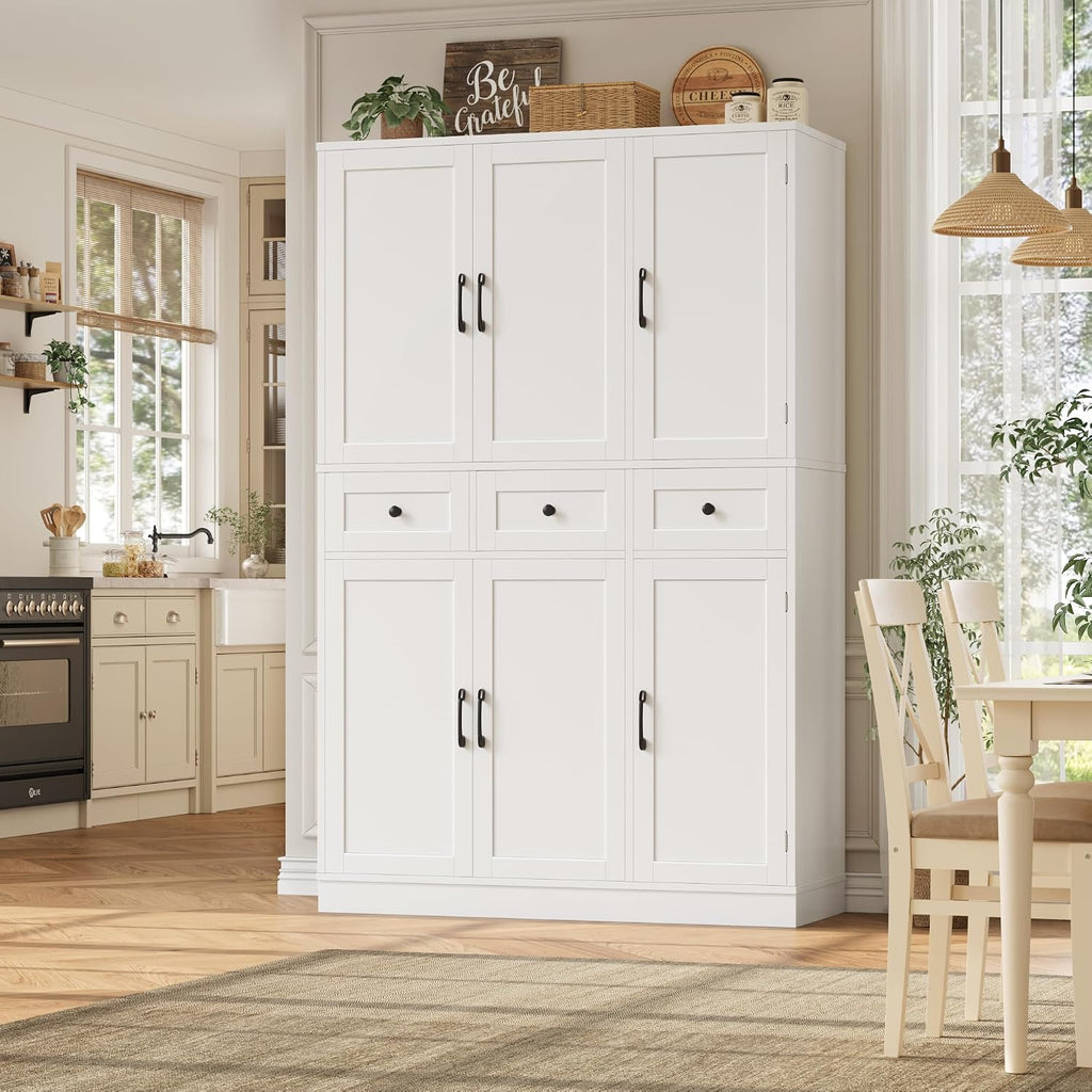 HITHOS 71" Tall Kitchen Pantry Storage Cabinet w/Drawers & Shelves, White | 47"W Kitchen Pantry Cabinet with Swing Out Doors, Large Wood Storage Cabinet, Modern Deep Food Pantry, Living Room