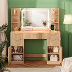 Fluted Vanity Desk with 30.2" Mirror and Lights, Glass Top Makeup Vanity with Desktop Light Strips, 5 Drawers, 2 Cabinet & 6 Open Shelves, Power Outlet, Lighting Adjustable,Natural