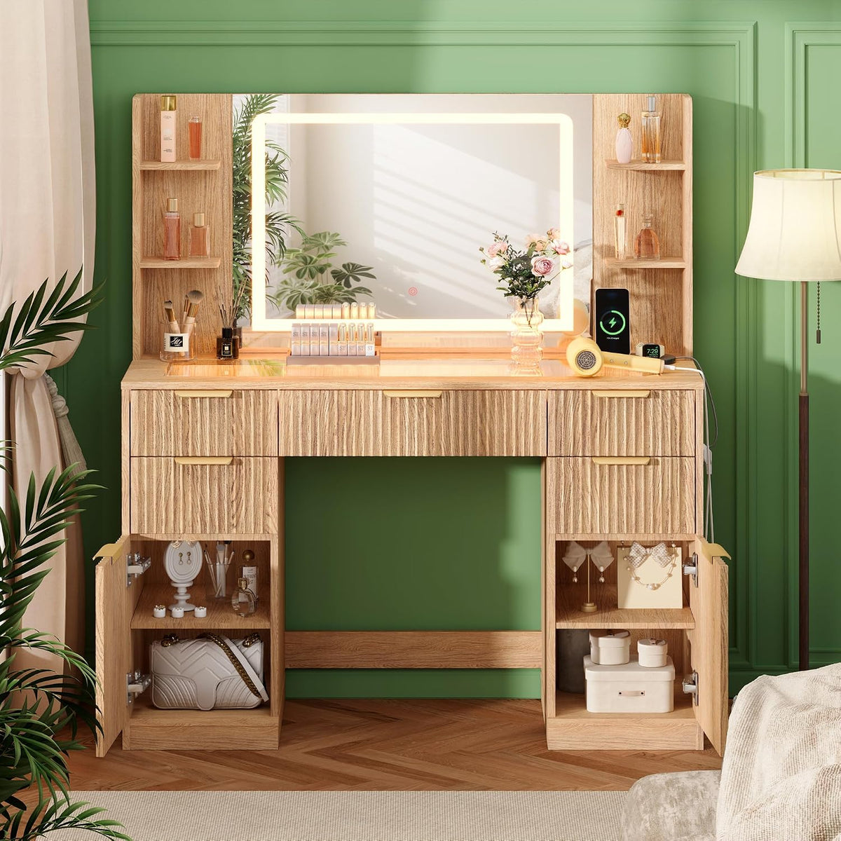 Fluted Vanity Desk with 30.2" Mirror and Lights, Glass Top Makeup Vanity with Desktop Light Strips, 5 Drawers, 2 Cabinet & 6 Open Shelves, Power Outlet, Lighting Adjustable,Natural