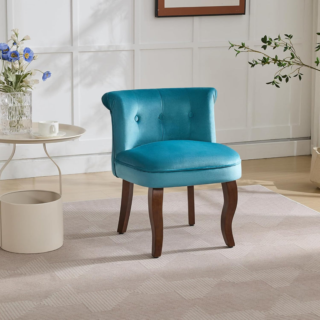 WUTUTUEE Velvet Vanity Chair with Back, Tufted Upholstered Vanity Stool with Solid Wood Legs, Mid Century Small Makeup Chair for Vanity, Accent Chair for Bedroom, Living Room, Teal