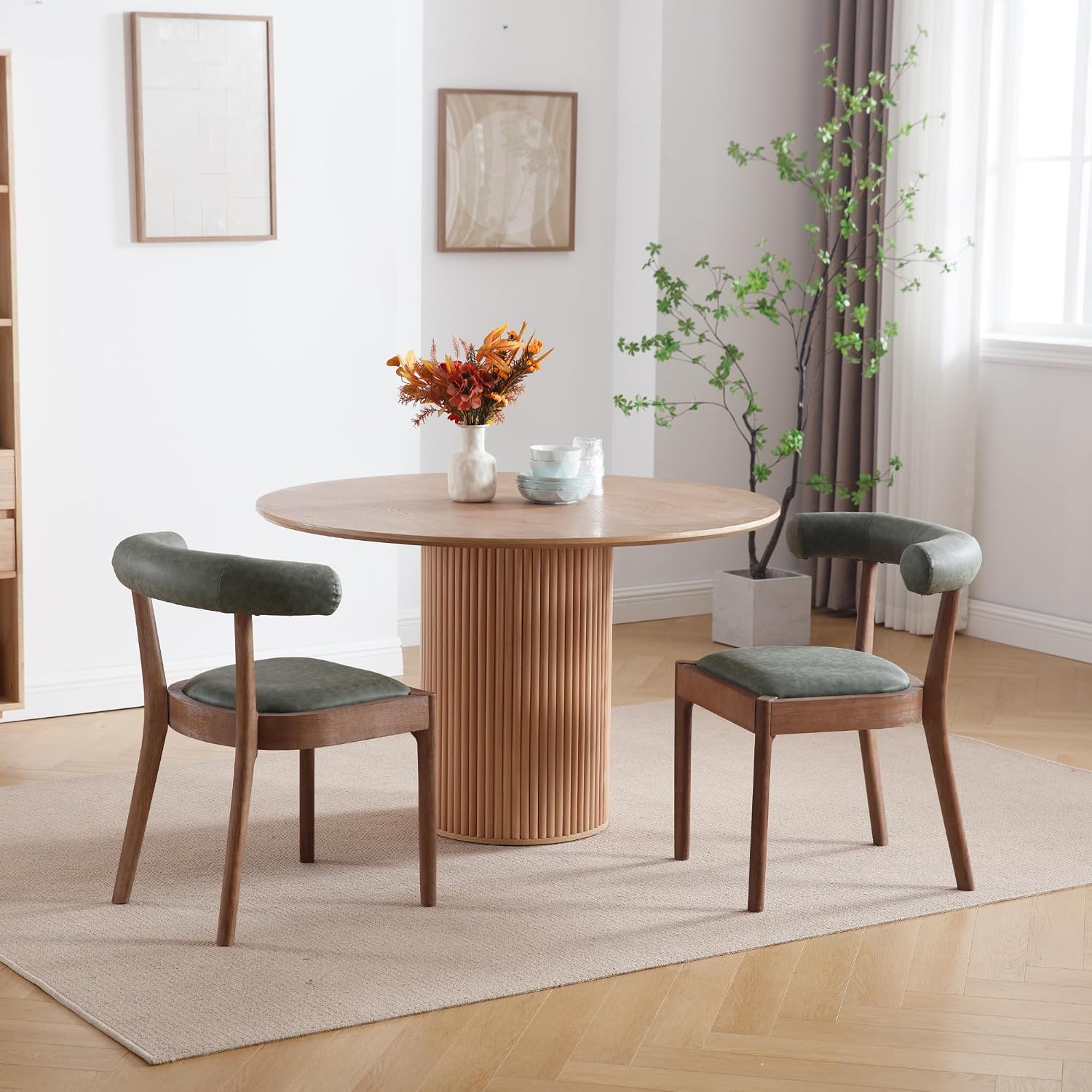 Kmax Dining Room Chairs, Mid-Century Modern PU Kitchen Chairs with Natural Walnut Finished Frame, PU Curved Back, Set of 2, Green