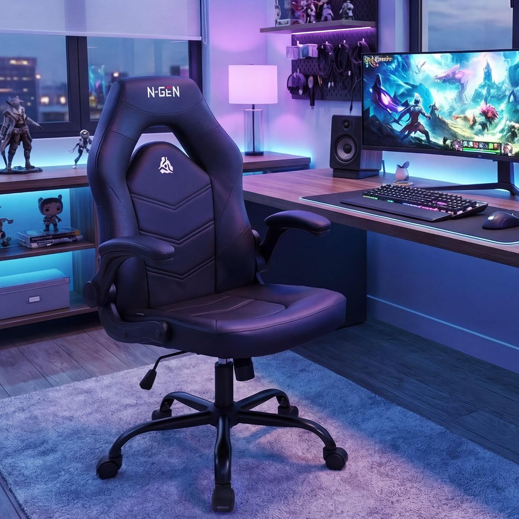 N-GEN Gaming Gaming Chair, Lumbar, PU Leather, Flip-Up Arms, Jet Black | Ergonomic High-Back Design, Adjustable Height with 360° Swivel Wheels, Comfortable Computer Desk Seating for Office and Home