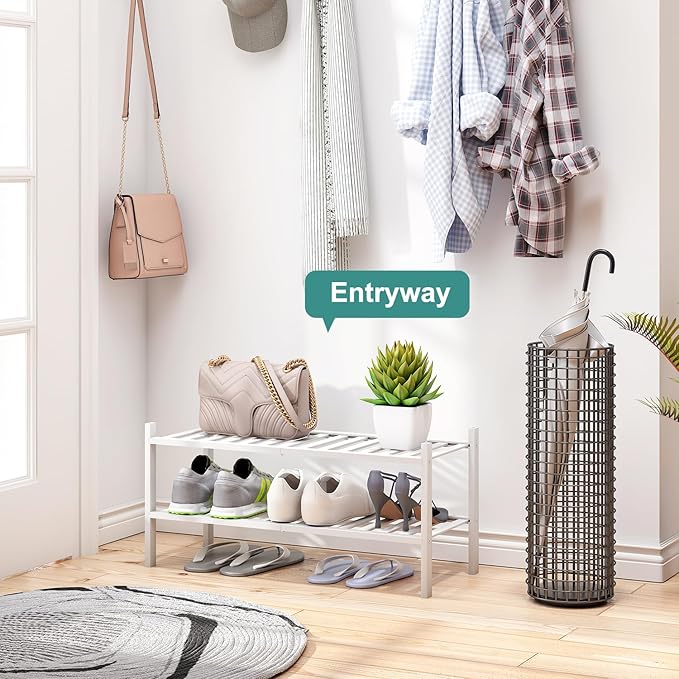 White Shoe Rack for Entryway, 2 Tier Shoe Organizer for Hallway Closet, Bamboo Wood Shoe Racks for Indoor Outdoor (White, 2-Tier)