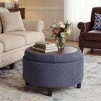 COLAMY Fabric Round Storage Ottoman with Reversible Tray Lid – Multi-Functional Footrest, Hidden Storage, Sturdy & Stylish Small Coffee Table for Living Room, Bedroom, or Entryway(Blue)