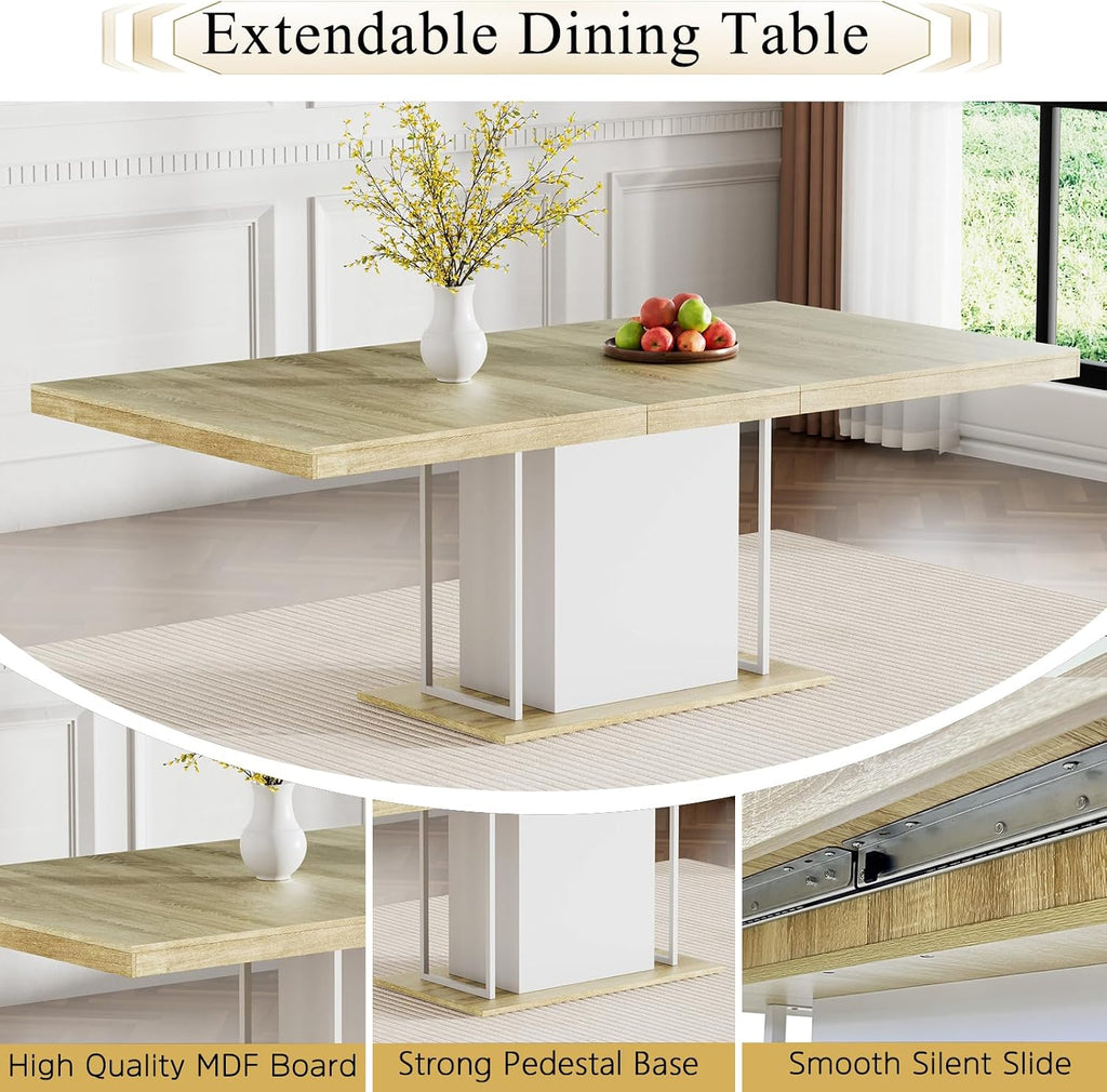 78.7" Farmhouse Extendable Dining Room Table Set for 8, 9-Piece Rectangle Kitchen Dining Table Set with Wood Base and 8 Grey Velvet Dining Chair, Extending Kitchen & Dining Table Set