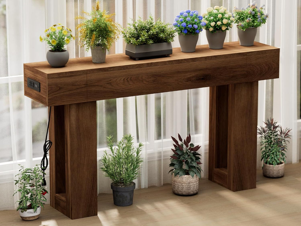 63 Inch Long Console Table w/Outlets & USB Ports, Narrow Rectangular Sofa Table Behind The Couch, Farmhouse Entryway Table for Entrance, Hallway, Living Room(Brown with Outlet)