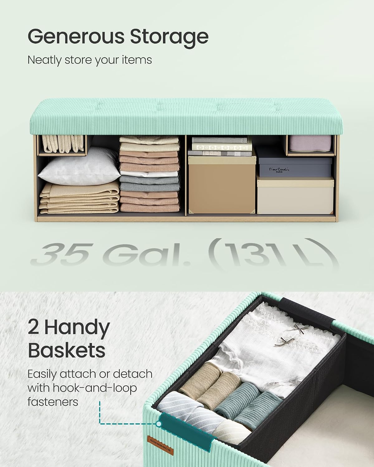 SONGMICS Ottoman Storage Bench, 43 Inch Foldable Foot Rest | Corduroy, for Entryway, Living Room, Bedroom, Moonlight Green, MINOTA Collection ULSF604C01