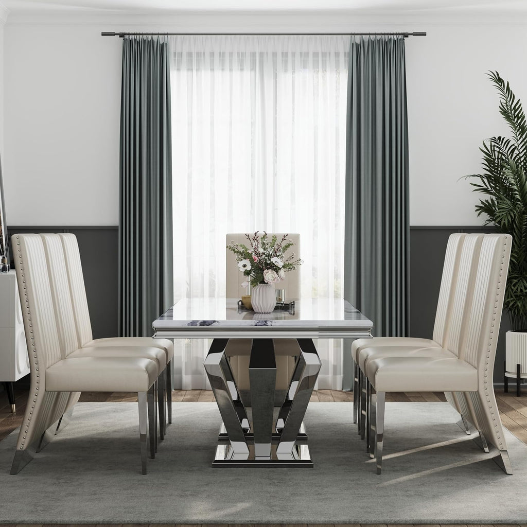 AUZ White Leather Dining Chairs Set of 6, White and Silver Upholstered Dining Room Chairs with Nailhead Trim High Back, Modern Dining Chair with Polished Silver Metal Legs