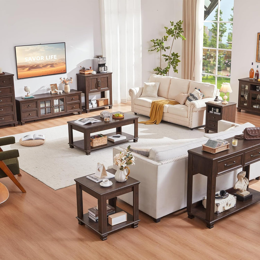 SAVOR LIFE Farmhouse End Table,Large Side Table with 2-Tier Storage Shelf,Rustic Brown End Tables for Living Room,Square Tea Table,Walnut