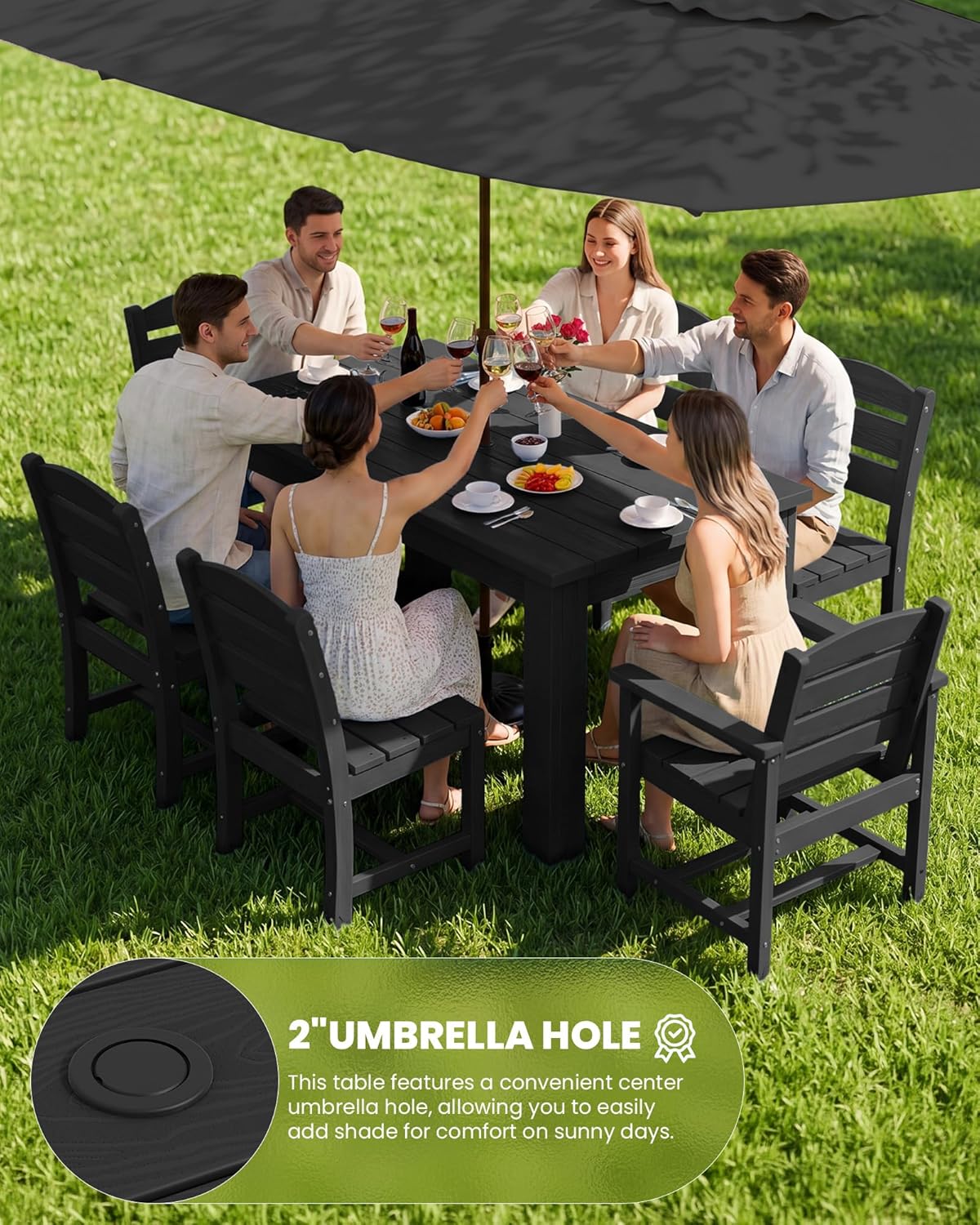 SERWALL HDPE Dining Set for 6: 1 Umbrella Hole Table, 4 Armless + 2 Armchairs. Includes 6 Plastic Woven Placemats – Heat-Resistant, Non-Slip & Easy to Clean. for Patio, Garden, Backyard. Black