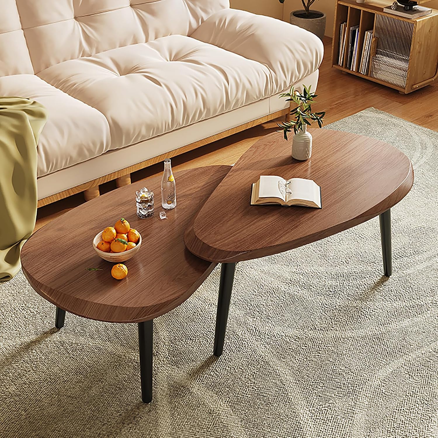 Nesting Coffee Tables Set of 2, Mid Century Modern Center Table,Wood Table top and Metal Support, Irregular Accent Table for Living Room