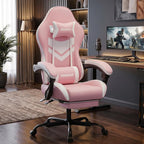 Gaming Chair with Footrest & Massage Lumbar Support, PU Leather Ergonomic High Back Swivel Height Adjustable Chair for Adults, Office Gaming, 300 lbs (Pink White)