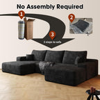 107" W Corduroy Sectional Cloud Couch with Chaise & Ottoman, No Assembly Required, U Shaped Modular Sectional Sofa, Cozy Fluffy Sofa for Living Room (Black, Left Facing Chaise+Ottoman)